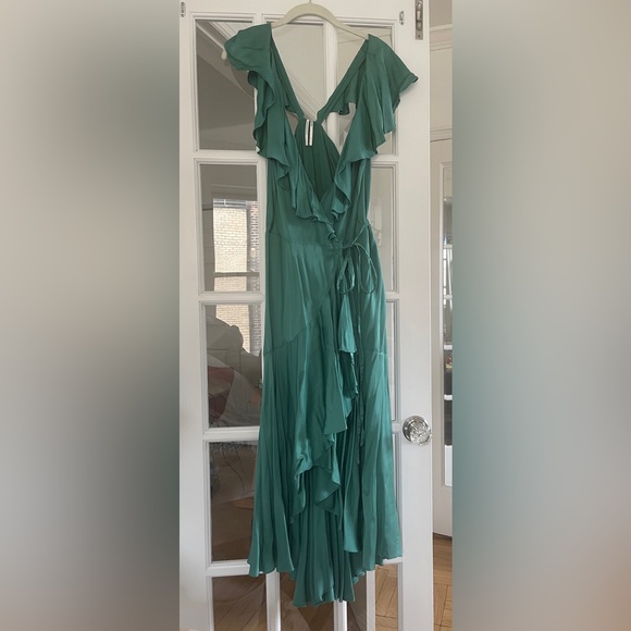 Anthropologie Ruffle Sleeve Maxi Wrap Dress Green Emerald size Small - Picture 6 of 10